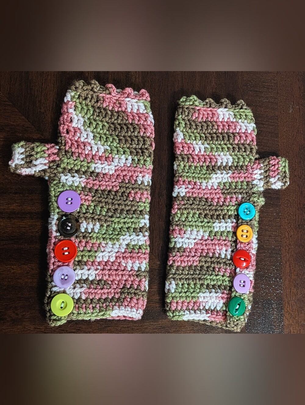Grandma Farrey's Handmade Crocheted Fingerless Mittens In Pink, Green and Brown